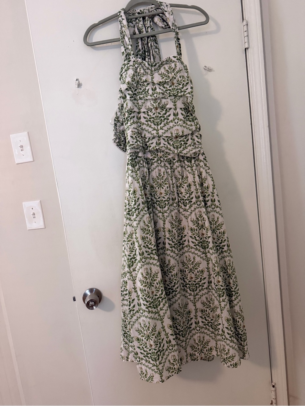 H&M Cream Maxi Dress with Green Leaf Pattern